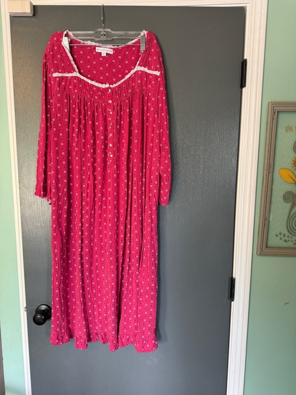 Eileen West Rose Pink Floral Nightgown Top with Lace Trim